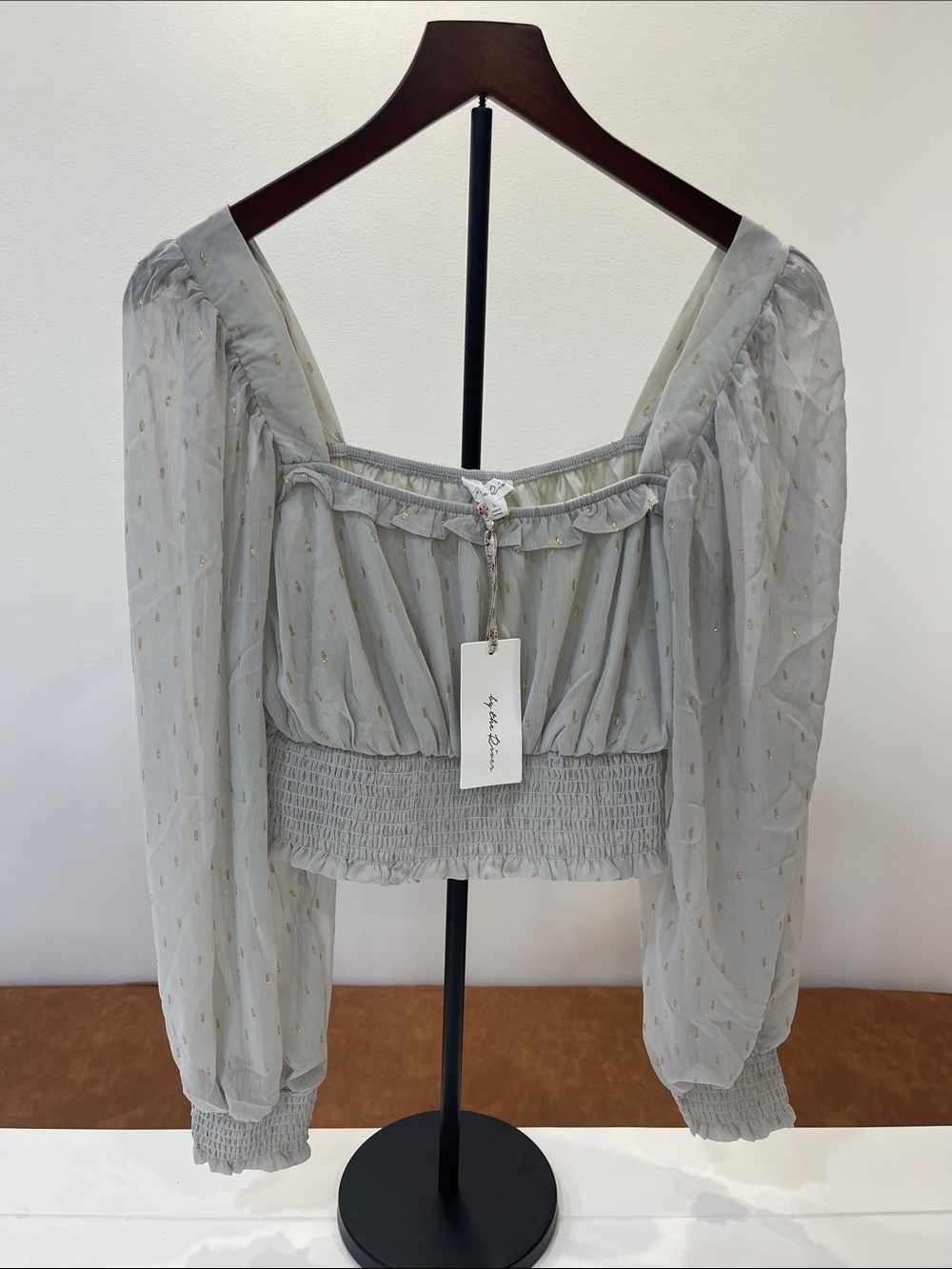 Sheer Light Gray Blouson Top with Gold Dot Detail